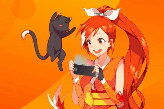 Personnage animé avec un smartphone et un chat noir sur fond orange