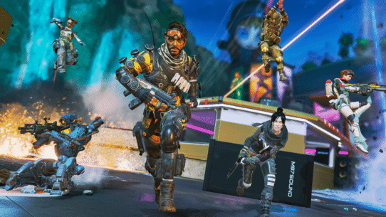 Personnages de jeu vidéo en plein combat futuriste