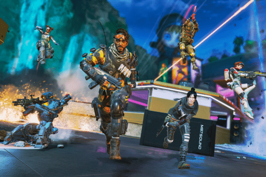 Personnages de jeu vidéo en plein combat futuriste