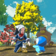 Personnage avec créatures colorées dans un paysage naturel