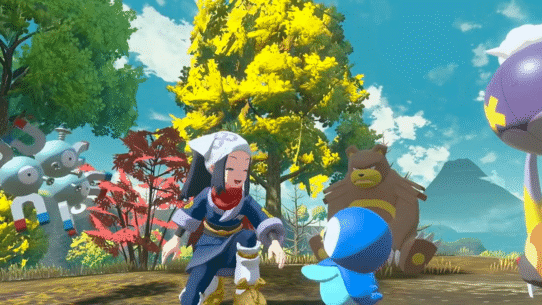 Personnage avec créatures colorées dans un paysage naturel