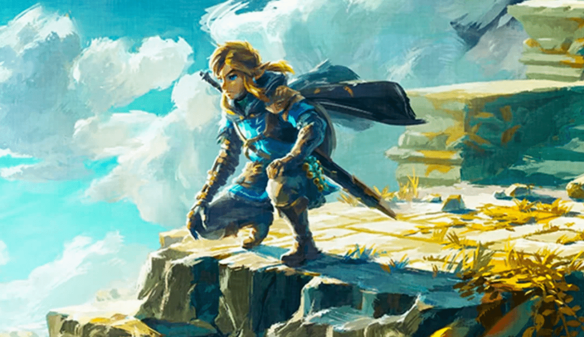 Personnage en armure sur une falaise, ciel bleu en arrière-plan