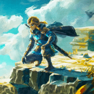 Personnage en armure sur une falaise, ciel bleu en arrière-plan