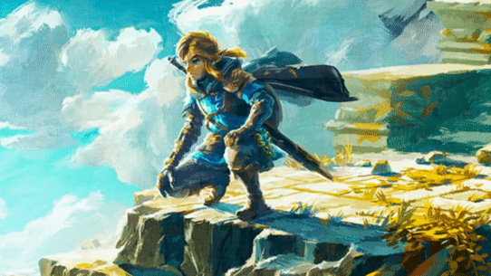 Personnage en armure sur une falaise, ciel bleu en arrière-plan