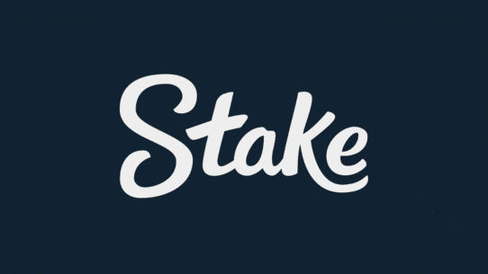 Logo blanc stylisé de Stake sur fond bleu foncé