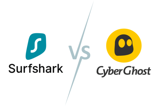 Logos de Surfshark et CyberGhost en comparaison