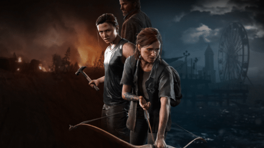 Trois personnages dans un décor post-apocalyptique avec des armes