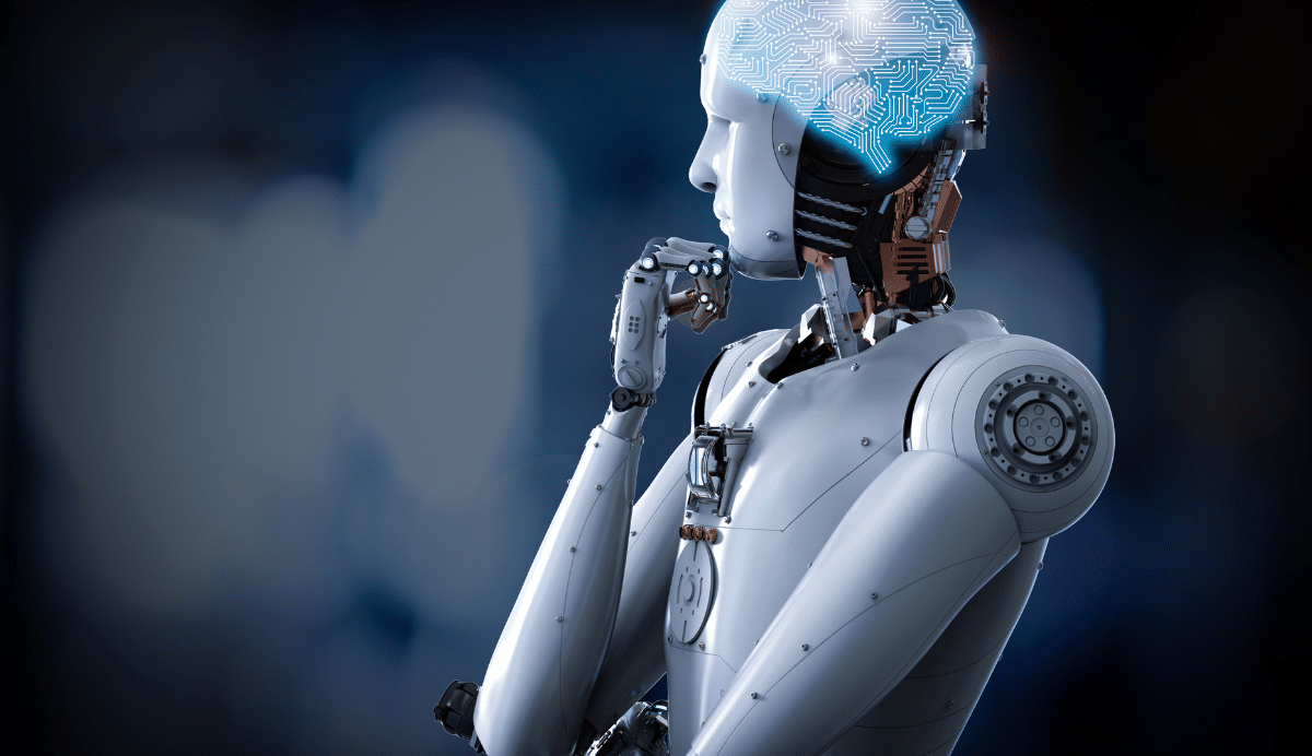 Robot humanoïde avec un cerveau numérique lumineux réfléchissant