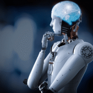 Robot humanoïde avec un cerveau numérique lumineux réfléchissant