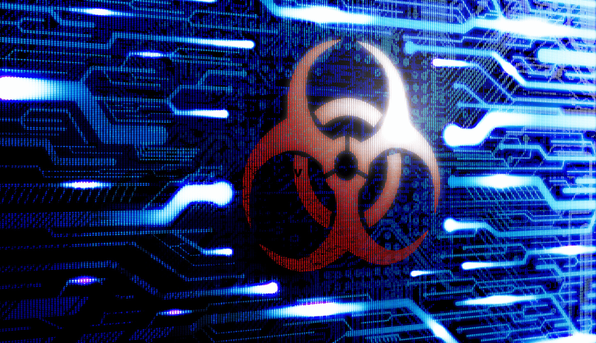 Symbole de danger biologique sur un fond de circuits numériques bleus