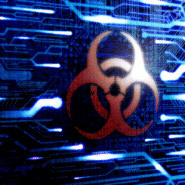 Symbole de danger biologique sur un fond de circuits numériques bleus