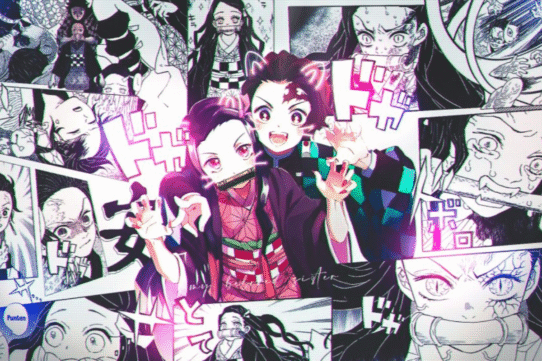 Collage coloré de personnages d'anime en style manga.