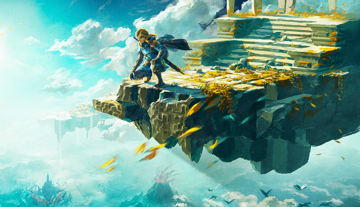 Personnage en armure sur une falaise dans un paysage céleste