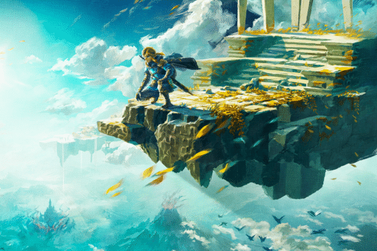 Personnage en armure sur une falaise dans un paysage céleste