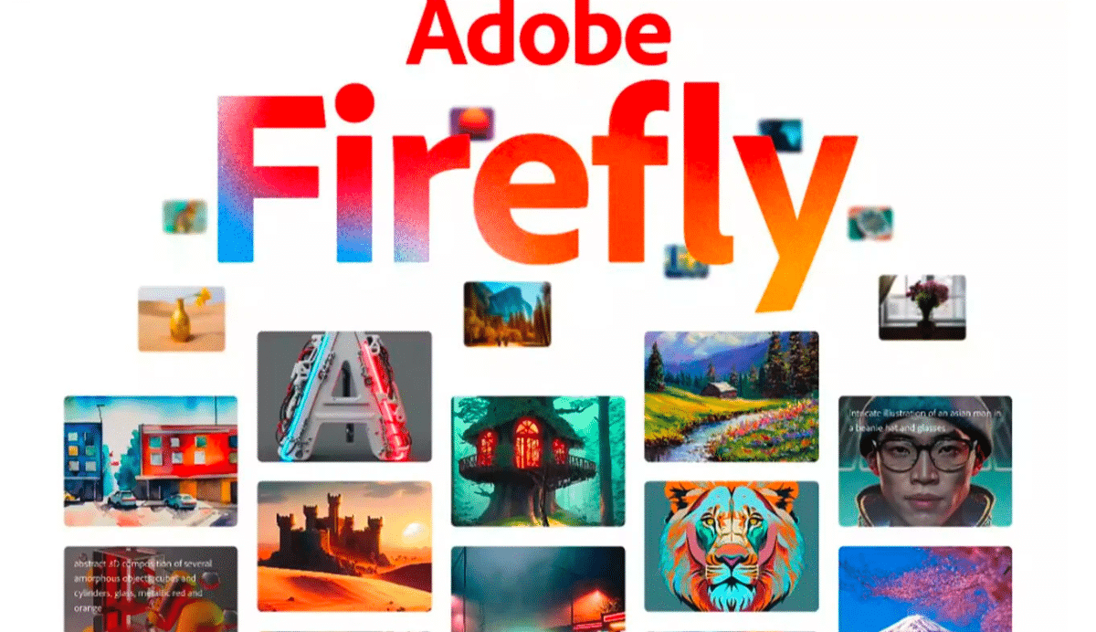 Logo Adobe Firefly entouré de diverses images artistiques
