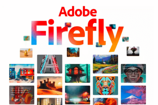 Logo Adobe Firefly entouré de diverses images artistiques