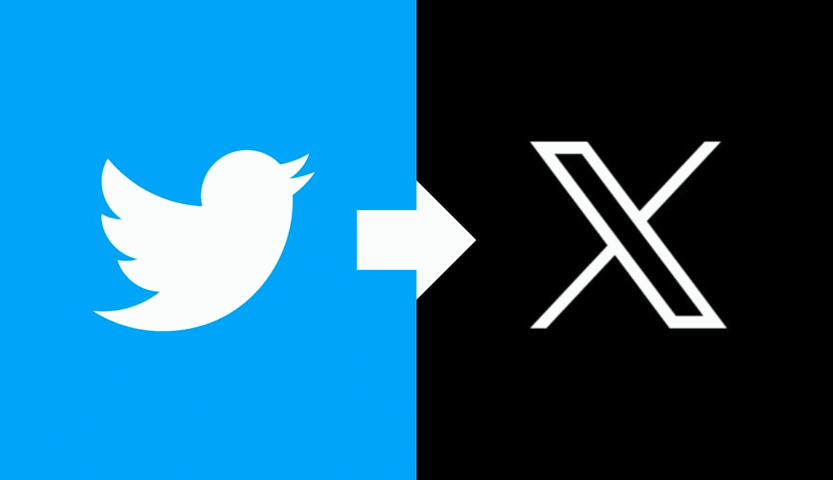Logo Twitter bleu à gauche, flèche vers logo X noir à droite