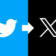 Logo Twitter bleu à gauche, flèche vers logo X noir à droite