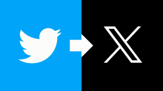 Logo Twitter bleu à gauche, flèche vers logo X noir à droite