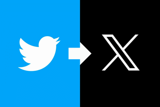 Logo Twitter bleu à gauche, flèche vers logo X noir à droite