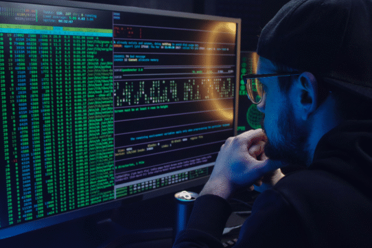 Personne face à un écran avec du code informatique