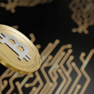 Pièce de Bitcoin sur fond de circuits électroniques