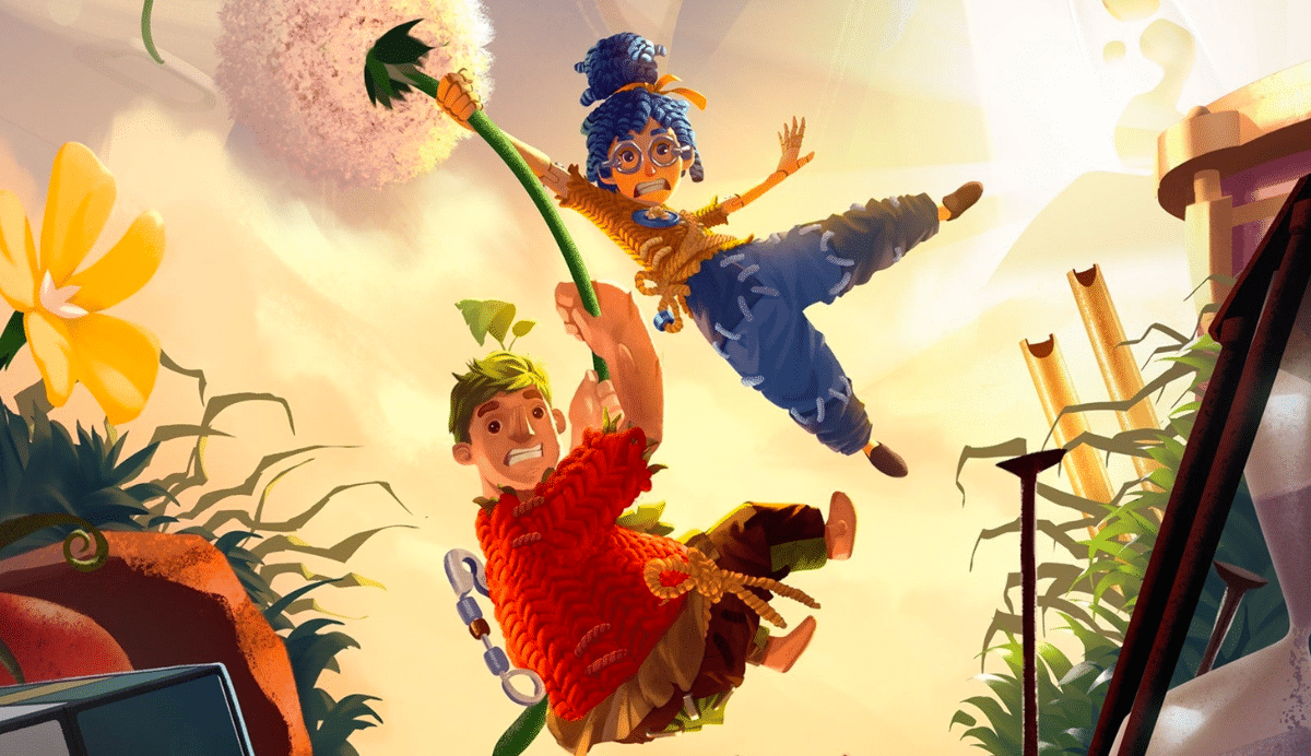 Deux personnages animés sautent avec un pissenlit géant