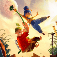 Deux personnages animés sautent avec un pissenlit géant