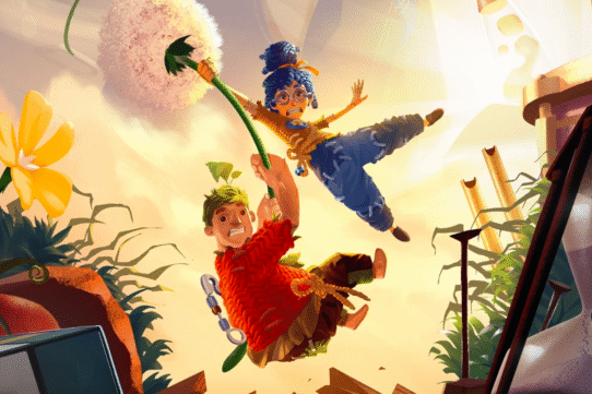 Deux personnages animés sautent avec un pissenlit géant