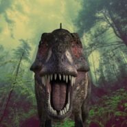 Dinosaure rugissant dans une forêt brumeuse