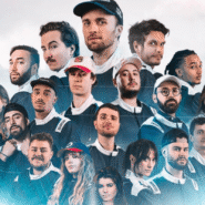 Groupe de personnes en tenue de course sur fond nuageux