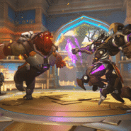 Personnages futuristes s'affrontant dans une arène virtuelle