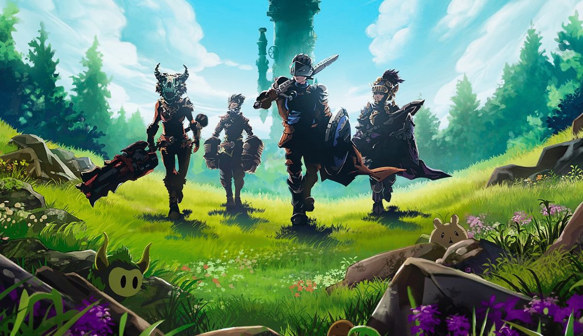 Quatre personnages en armure dans un paysage verdoyant