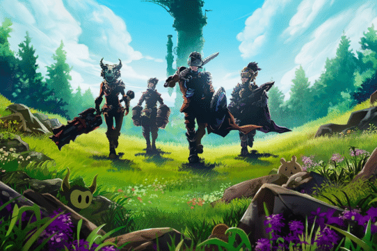 Quatre personnages en armure dans un paysage verdoyant