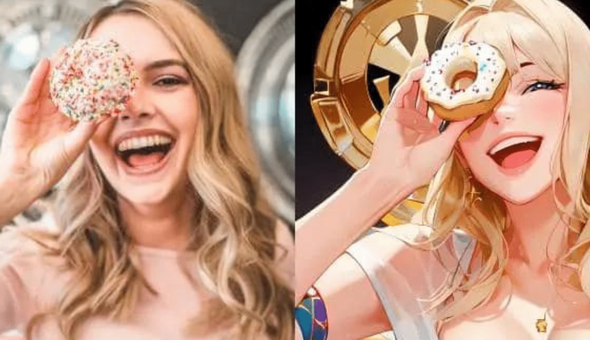 Femme souriante et personnage animé tenant un donut devant l'œil