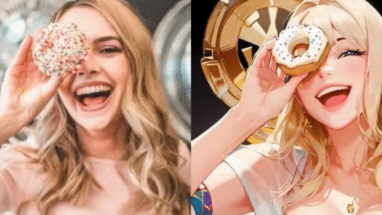 Femme souriante et personnage animé tenant un donut devant l'œil