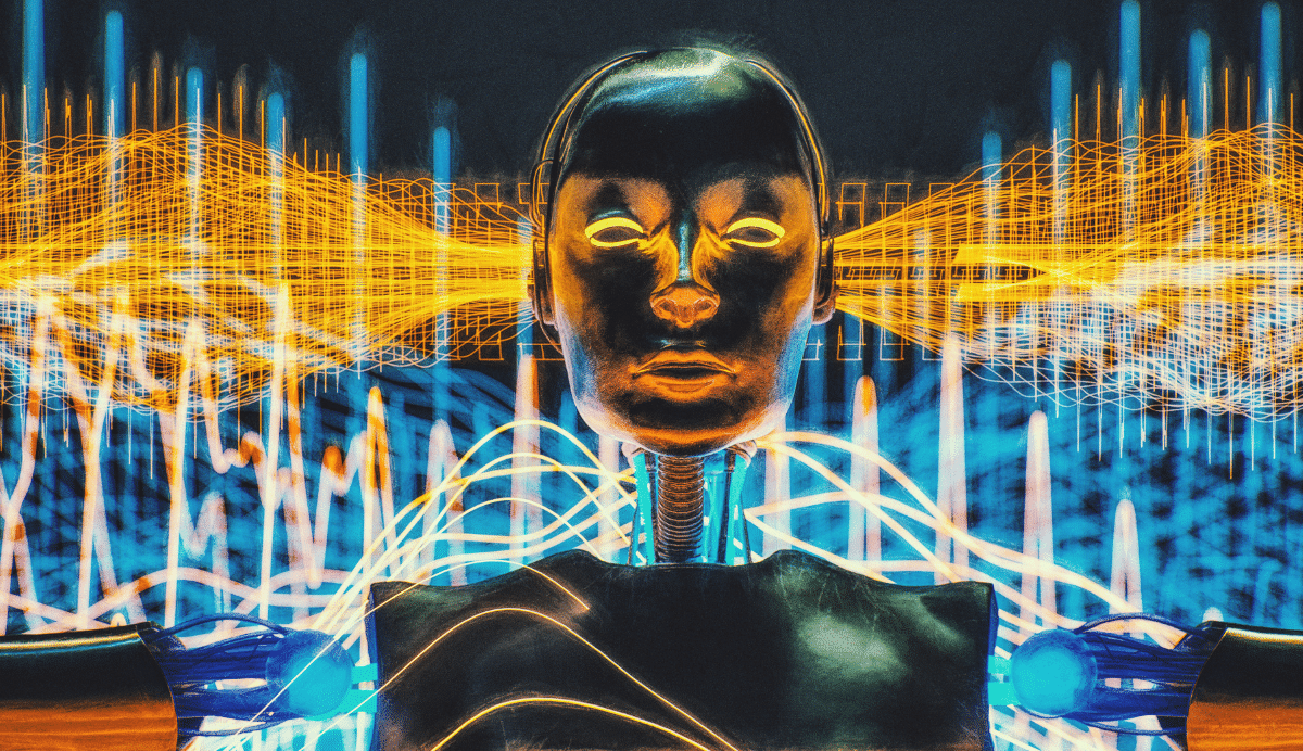 Visage robotique entouré de lignes lumineuses et de données numériques