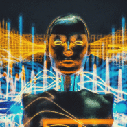 Visage robotique entouré de lignes lumineuses et de données numériques