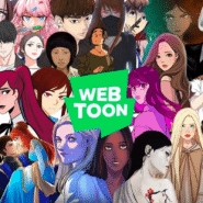 Collage de divers personnages de Webtoon avec logo vert au centre