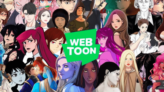 Collage de divers personnages de Webtoon avec logo vert au centre