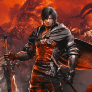 Guerrier en armure avec une épée devant un oiseau de feu