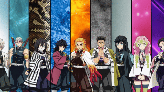 Divers personnages d'anime alignés avec des arrière-plans colorés