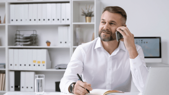Homme souriant au bureau parlant au téléphone