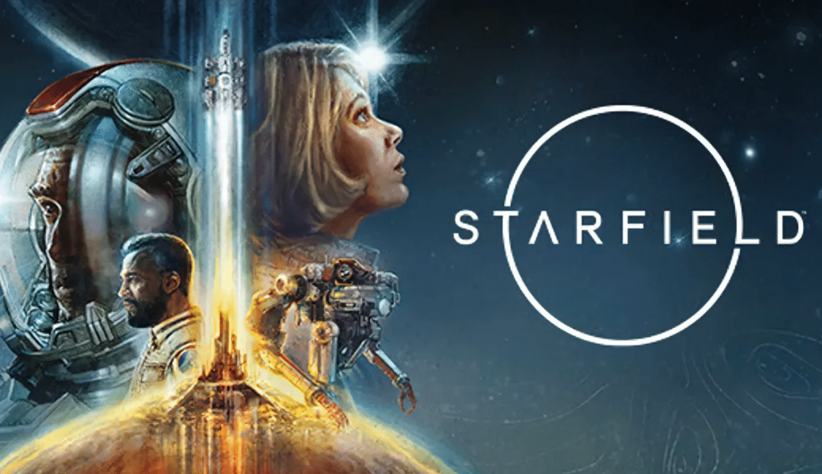 Illustration du jeu vidéo Starfield avec des personnages et un robot