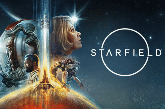 Illustration du jeu vidéo Starfield avec des personnages et un robot