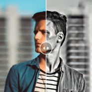 Homme avec effet de transformation artistique sur fond de bâtiments