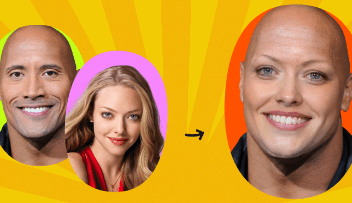 Collage de deux visages fusionnés en un seul sur fond jaune