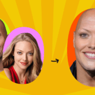 Collage de deux visages fusionnés en un seul sur fond jaune