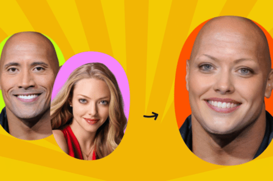 Collage de deux visages fusionnés en un seul sur fond jaune