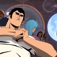 Personnages animés en mouvement avec un fond abstrait